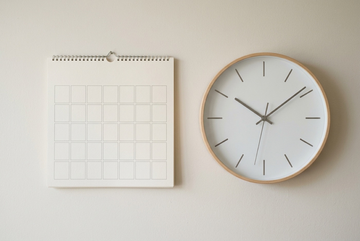 A blank wall calendar grid and a plain analogue wall clock on a neutral wall