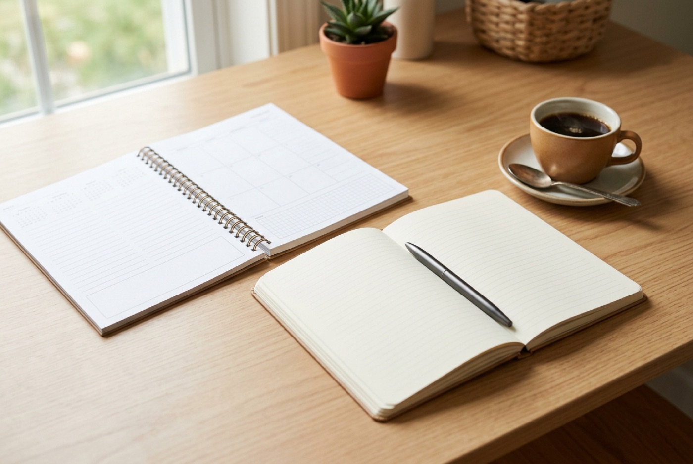 A tidy desk planner and an open diary with a pen on a wooden desk